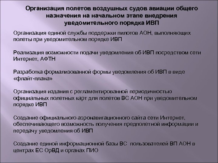 Организация полетов воздушных судов авиации общего назначения на начальном этапе внедрения уведомительного порядка ИВП