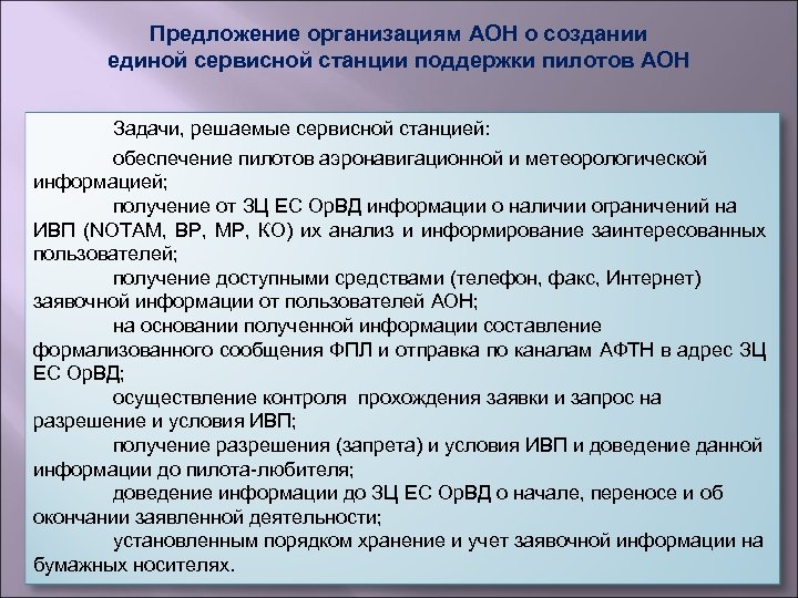 Предложение организациям АОН о создании единой сервисной станции поддержки пилотов АОН Задачи, решаемые сервисной