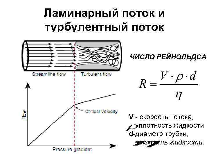 Ламинарный поток и турбулентный поток ЧИСЛО РЕЙНОЛЬДСА V - скорость потока, -плотность жидкости d-диаметр