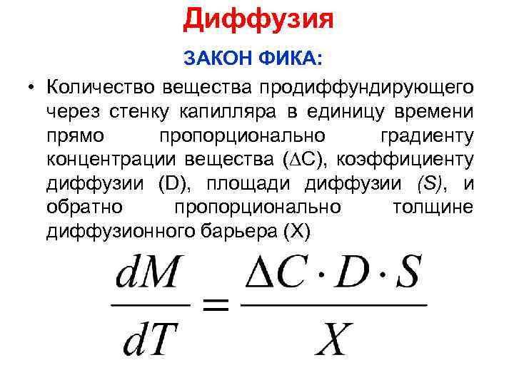 Диффузия ЗАКОН ФИКА: • Количество вещества продиффундирующего через стенку капилляра в единицу времени прямо