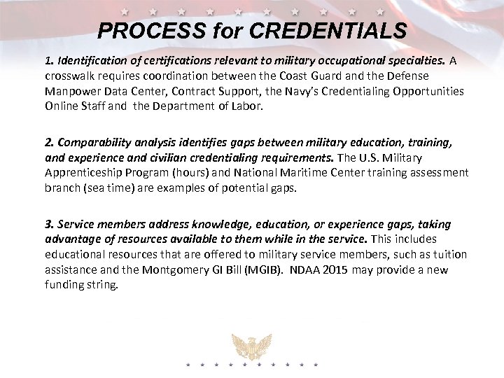 PROCESS for CREDENTIALS 1. Identification of certifications relevant to military occupational specialties. A crosswalk