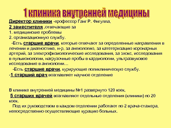 Директор клиники -профессор Ганг Р. Фигулла, 2 заместителя , отвечающие за 1. медицинские проблемы