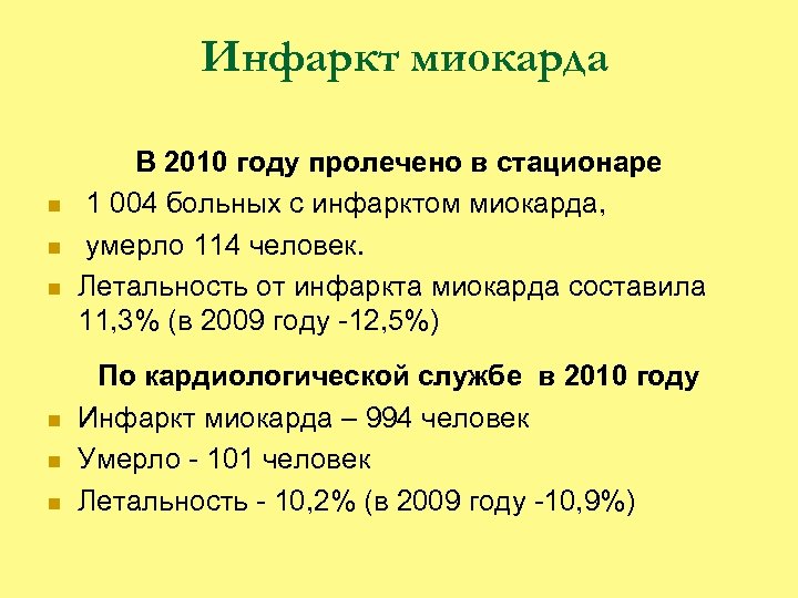 Инфаркт миокарда n n n В 2010 году пролечено в стационаре 1 004 больных