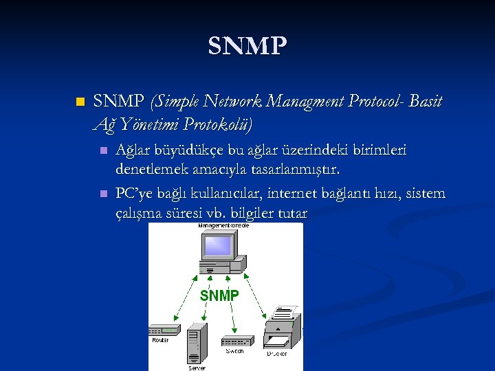 SNMP n SNMP (Simple Network Managment Protocol- Basit Ağ Yönetimi Protokolü) n n Ağlar
