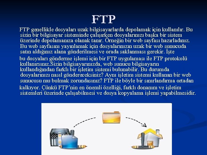 FTP genellikle dosyaları uzak bilgisayarlarda depolamak için kullanılır. Bu sizin bir bilgisayar sisteminde çalışırken