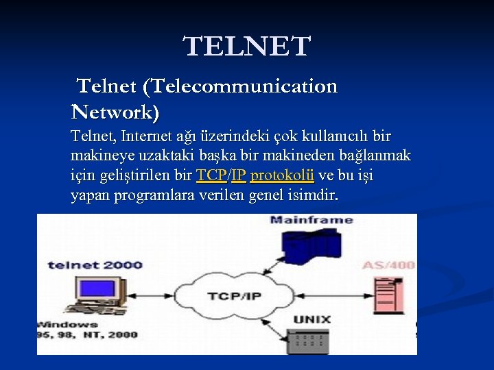 TELNET Telnet (Telecommunication Network) Telnet, Internet ağı üzerindeki çok kullanıcılı bir makineye uzaktaki başka