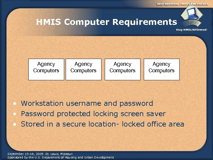 HMIS Computer Requirements Agency Computers • Workstation username and password • Password protected locking