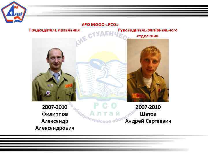 АРО МООО «РСО» Председатель правления Руководитель регионального отделения 2007 -2010 Филиппов Александрович 2007 -2010