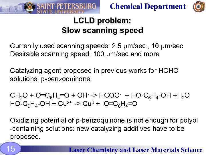 Chemical Department LCLD problem: Slow scanning speed Currently used scanning speeds: 2. 5 µm/sec