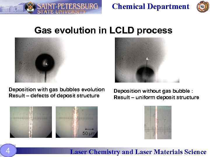 Chemical Department Gas evolution in LCLD process Deposition with gas bubbles evolution Result –