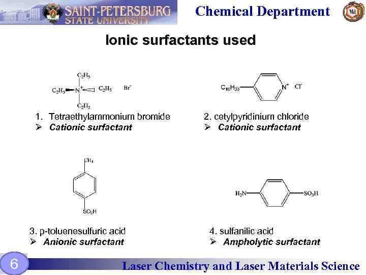 Chemical Department Ionic surfactants used 1. Tetraethylammonium bromide Ø Cationic surfactant 3. p-toluenesulfuric acid