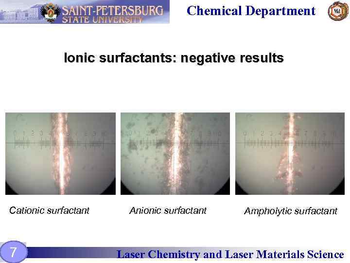 Chemical Department Ionic surfactants: negative results Cationic surfactant 7 Anionic surfactant Ampholytic surfactant Laser