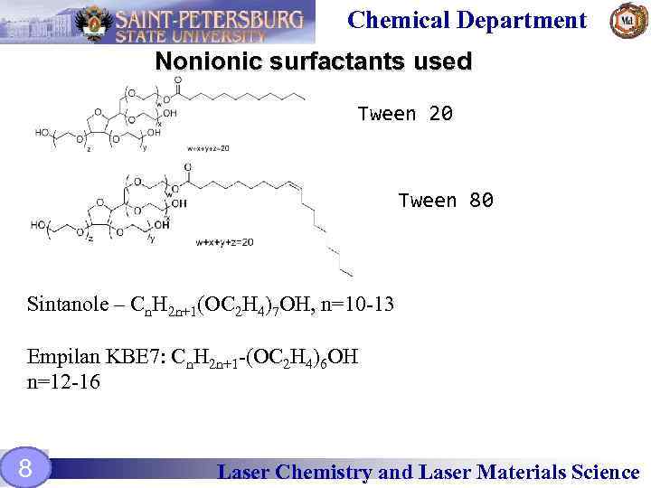 Chemical Department Nonionic surfactants used Tween 20 Tween 80 Sintanole – Сn. H 2