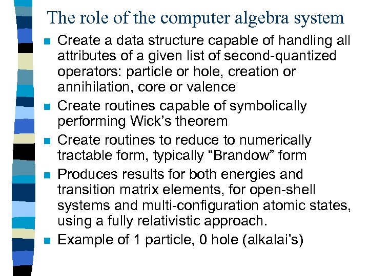 The role of the computer algebra system n n n Create a data structure