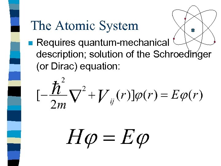 The Atomic System n Requires quantum-mechanical description; solution of the Schroedinger (or Dirac) equation: