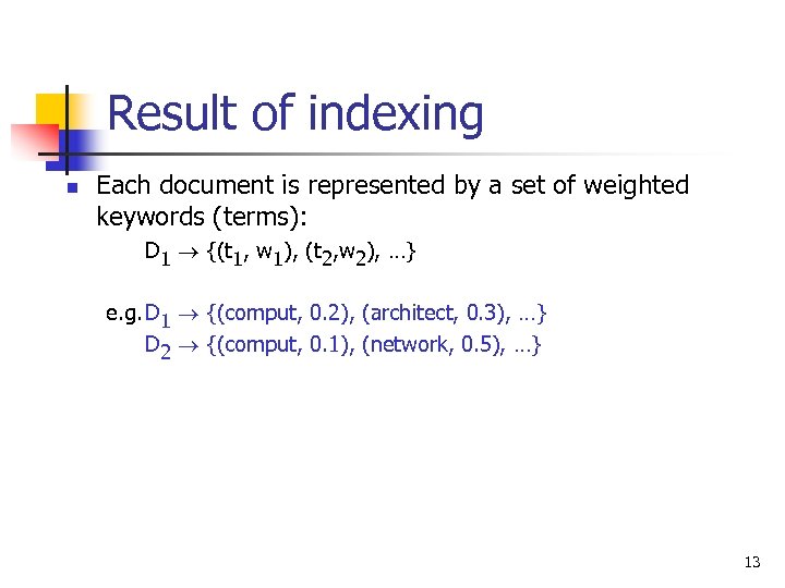 Result of indexing n Each document is represented by a set of weighted keywords
