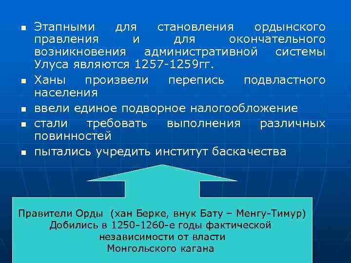 n n n Этапными для становления ордынского правления и для окончательного возникновения административной системы
