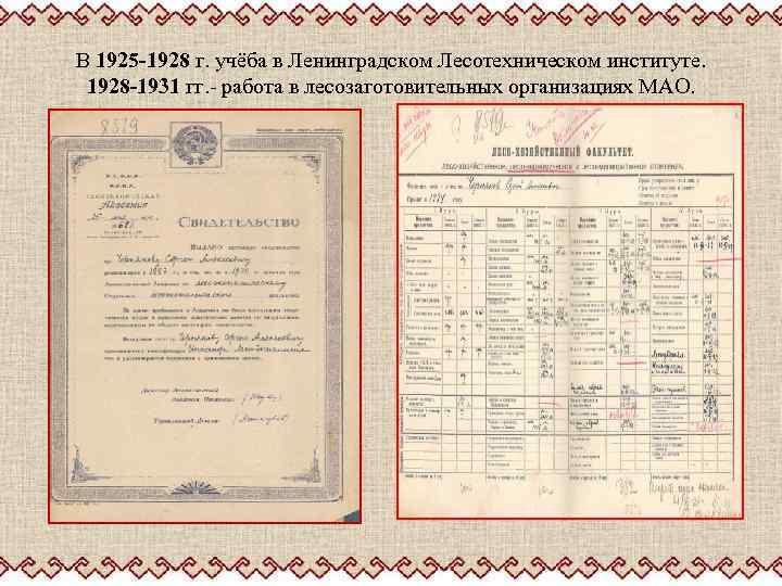 В 1925 -1928 г. учёба в Ленинградском Лесотехническом институте. 1928 -1931 гг. - работа