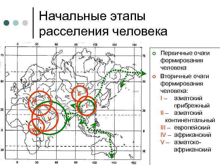 Начальные этапы расселения человека ¢ ¢ II I V IV Первичные очаги формирования человека