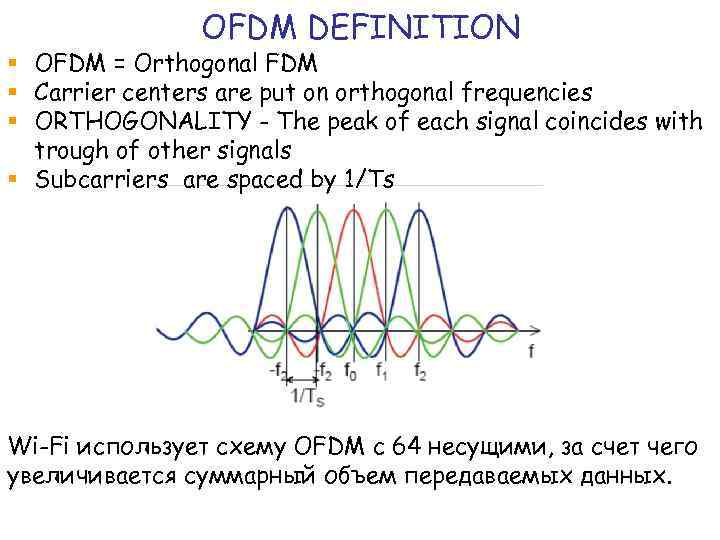 OFDM DEFINITION § OFDM = Orthogonal FDM § Carrier centers are put on orthogonal
