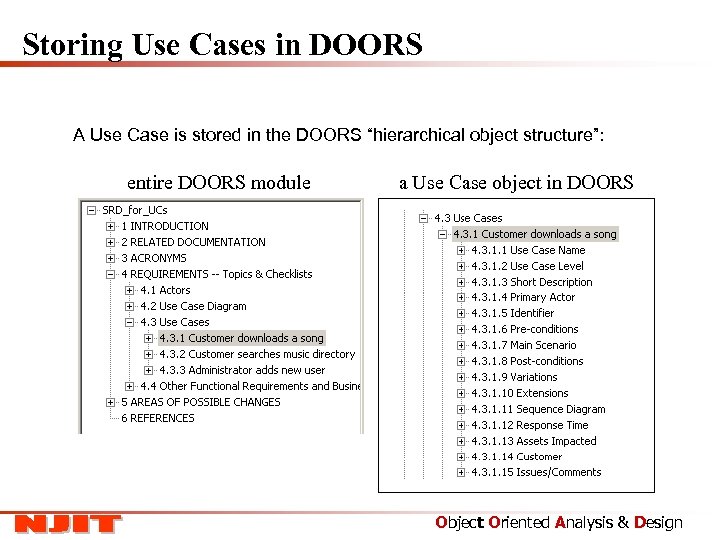 Storing Use Cases in DOORS A Use Case is stored in the DOORS “hierarchical