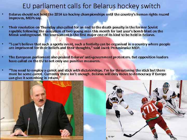 EU parliament calls for Belarus hockey switch • Belarus should not host the 2014