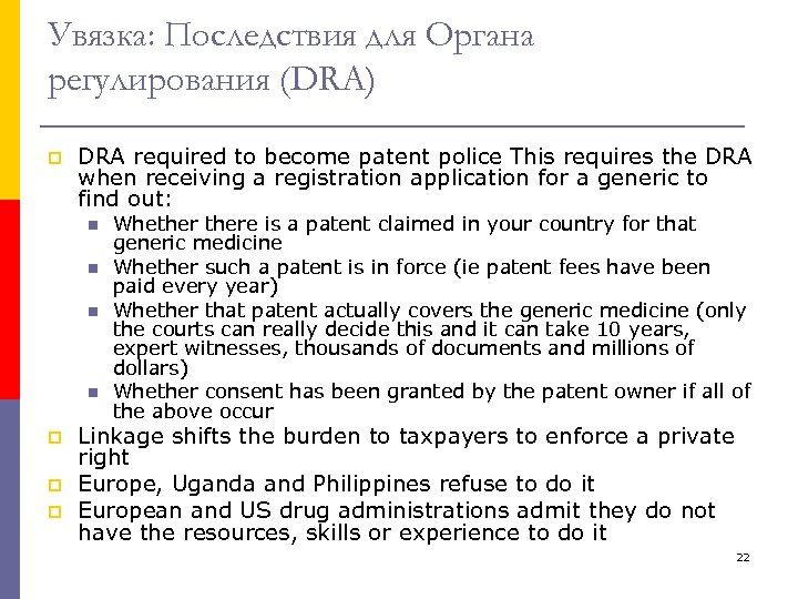 Увязка: Последствия для Органа регулирования (DRA) p DRA required to become patent police This