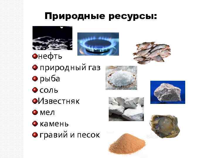 Природные ресурсы: нефть природный газ рыба соль Известняк мел камень гравий и песок 