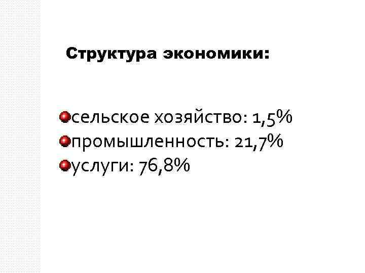 Структура экономики: сельское хозяйство: 1, 5% промышленность: 21, 7% услуги: 76, 8% 