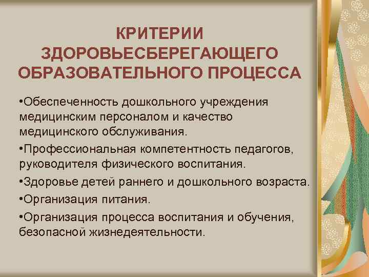 КРИТЕРИИ ЗДОРОВЬЕСБЕРЕГАЮЩЕГО ОБРАЗОВАТЕЛЬНОГО ПРОЦЕССА • Обеспеченность дошкольного учреждения медицинским персоналом и качество медицинского обслуживания.