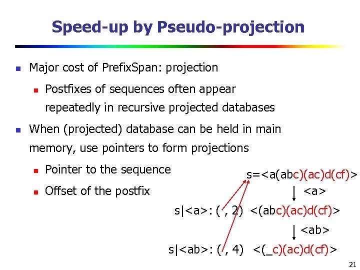 Speed-up by Pseudo-projection n Major cost of Prefix. Span: projection n Postfixes of sequences