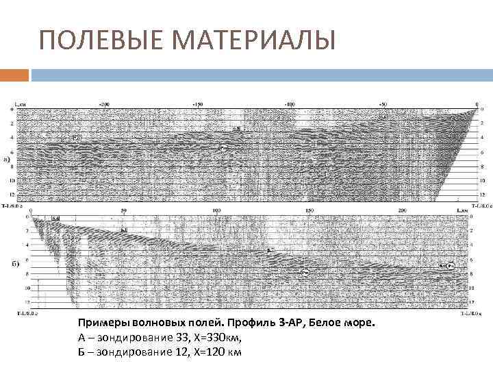 ПОЛЕВЫЕ МАТЕРИАЛЫ Примеры волновых полей. Профиль 3 -АР, Белое море. А – зондирование 33,