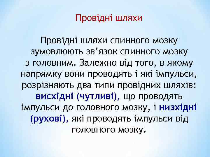 Провідні шляхи спинного мозку зумовлюють зв’язок спинного мозку з головним. Залежно від того, в