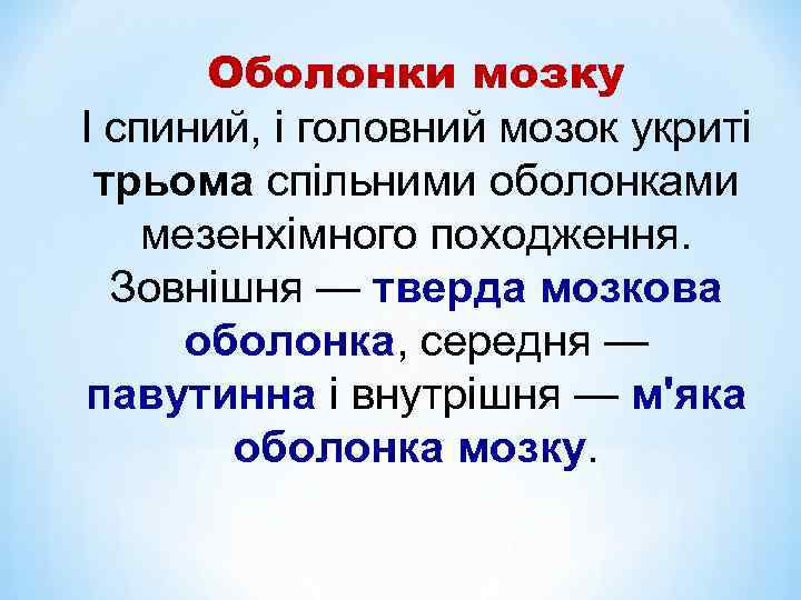 Оболонки мозку І спиний, і головний мозок укриті трьома спільними оболонками мезенхімного походження. Зовнішня