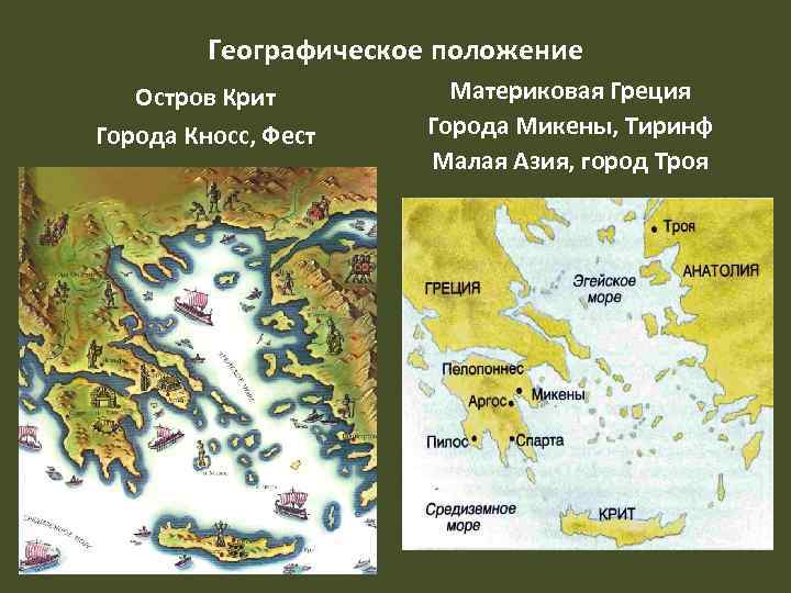 Географическое положение Остров Крит Города Кносс, Фест Материковая Греция Города Микены, Тиринф Малая Азия,