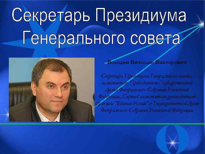 Володин Вячеслав Викторович Секретарь Президиума Генерального совета, заместитель Председателя Государственной Думы Федерального Собрания Российской