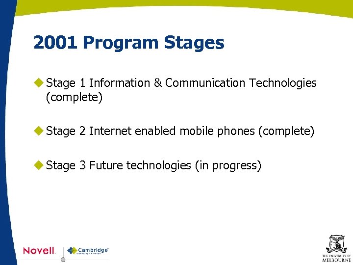 2001 Program Stages u Stage 1 Information & Communication Technologies (complete) u Stage 2