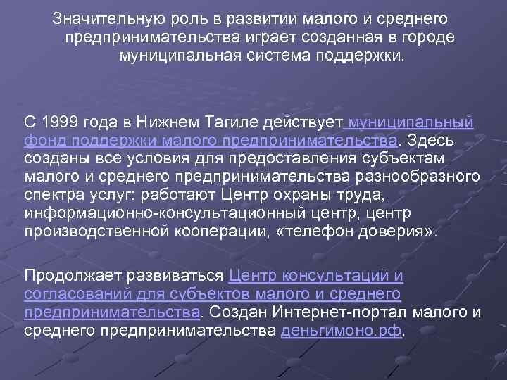 Значительную роль в развитии малого и среднего предпринимательства играет созданная в городе муниципальная система