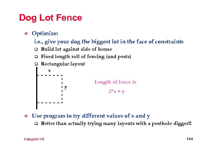 Dog Lot Fence v Optimize: i. e. , give your dog the biggest lot