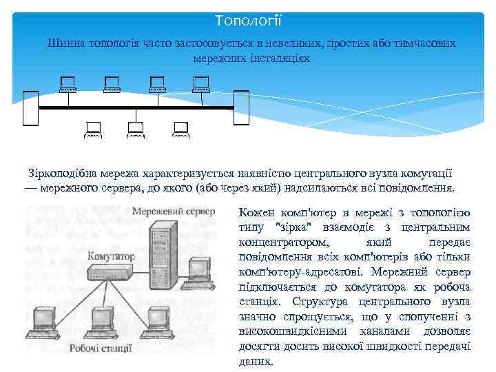 Топології Шинна топологія часто застосовується в невеликих, простих або тимчасових мережних інсталяціях Зiркоподiбна мережа