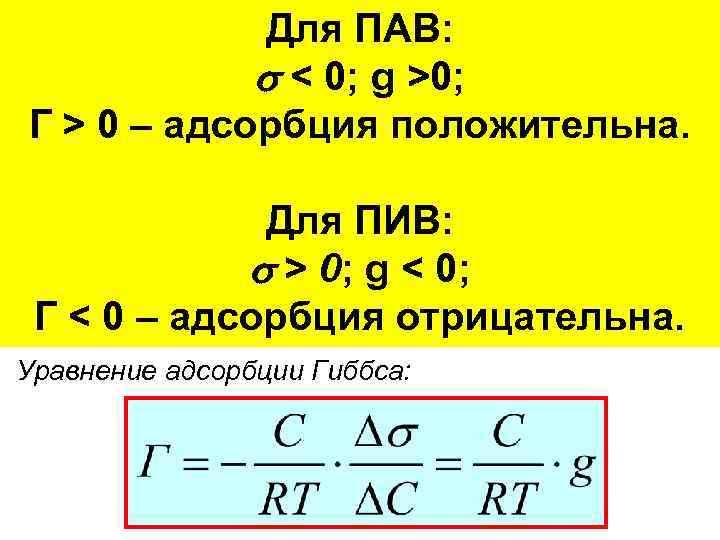 Для ПАВ: Изотерма адсорбции Гиббса < 0; g >0; Г > 0 – адсорбция