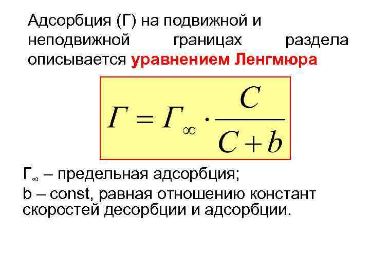 Адсорбция (Г) на подвижной и неподвижной границах раздела описывается уравнением Ленгмюра Г∞ – предельная