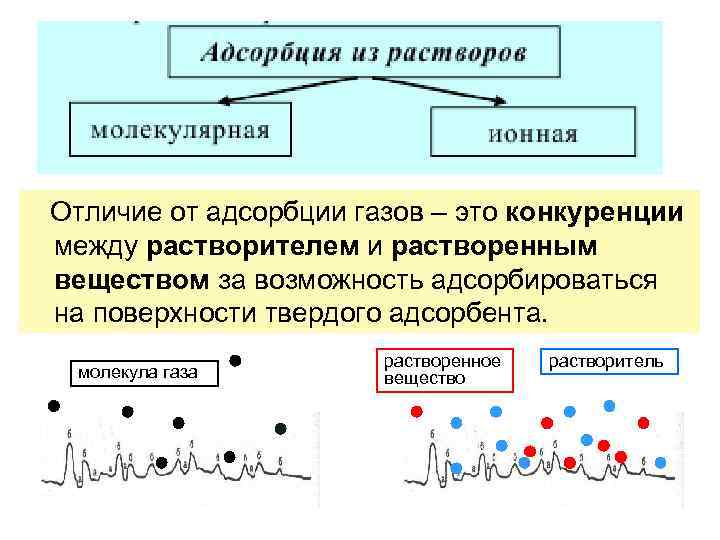 Отличие от адсорбции газов – это конкуренции между растворителем и растворенным веществом за возможность