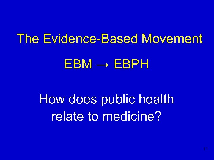 The Evidence-Based Movement EBM → EBPH How does public health relate to medicine? 11