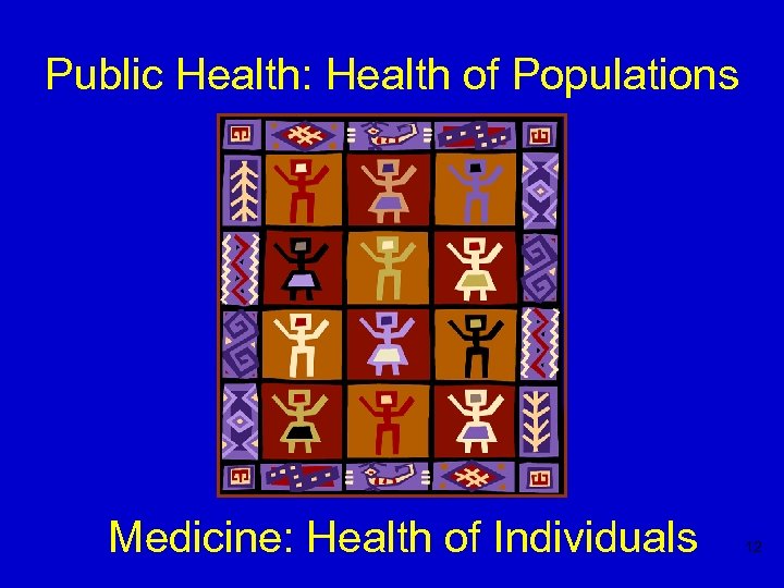 Public Health: Health of Populations Medicine: Health of Individuals 12 