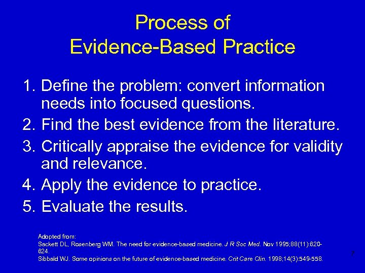 Process of Evidence-Based Practice 1. Define the problem: convert information needs into focused questions.