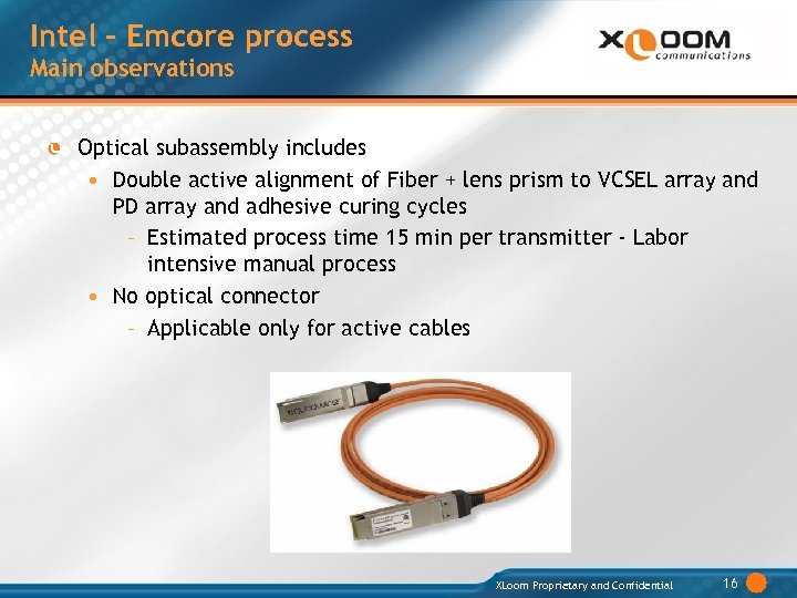 Intel – Emcore process Main observations Optical subassembly includes • Double active alignment of