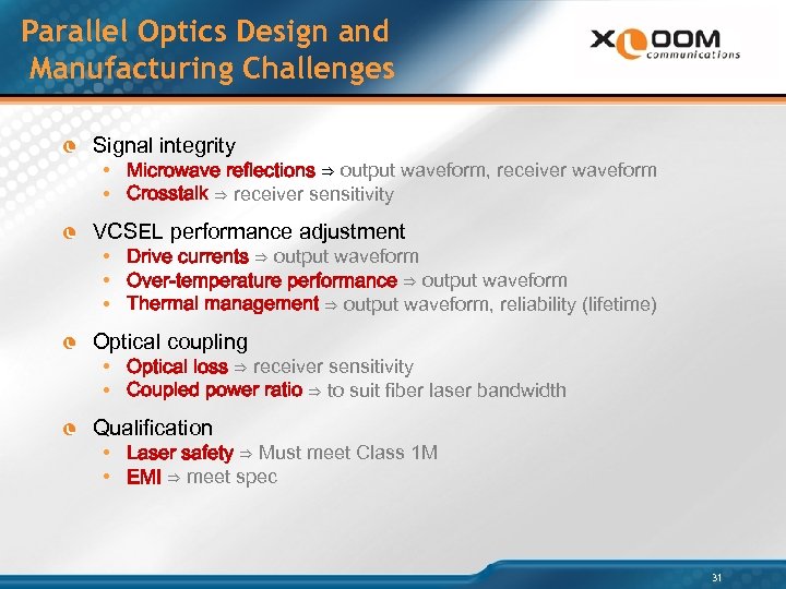 Parallel Optics Design and Manufacturing Challenges Signal integrity • Microwave reflections ⇒ output waveform,