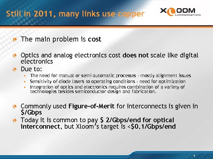 Still in 2011, many links use copper The main problem is cost Optics and
