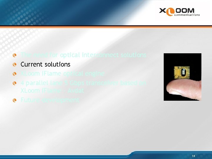 The need for optical interconnect solutions Current solutions XLoom i. Flame optical engine 4